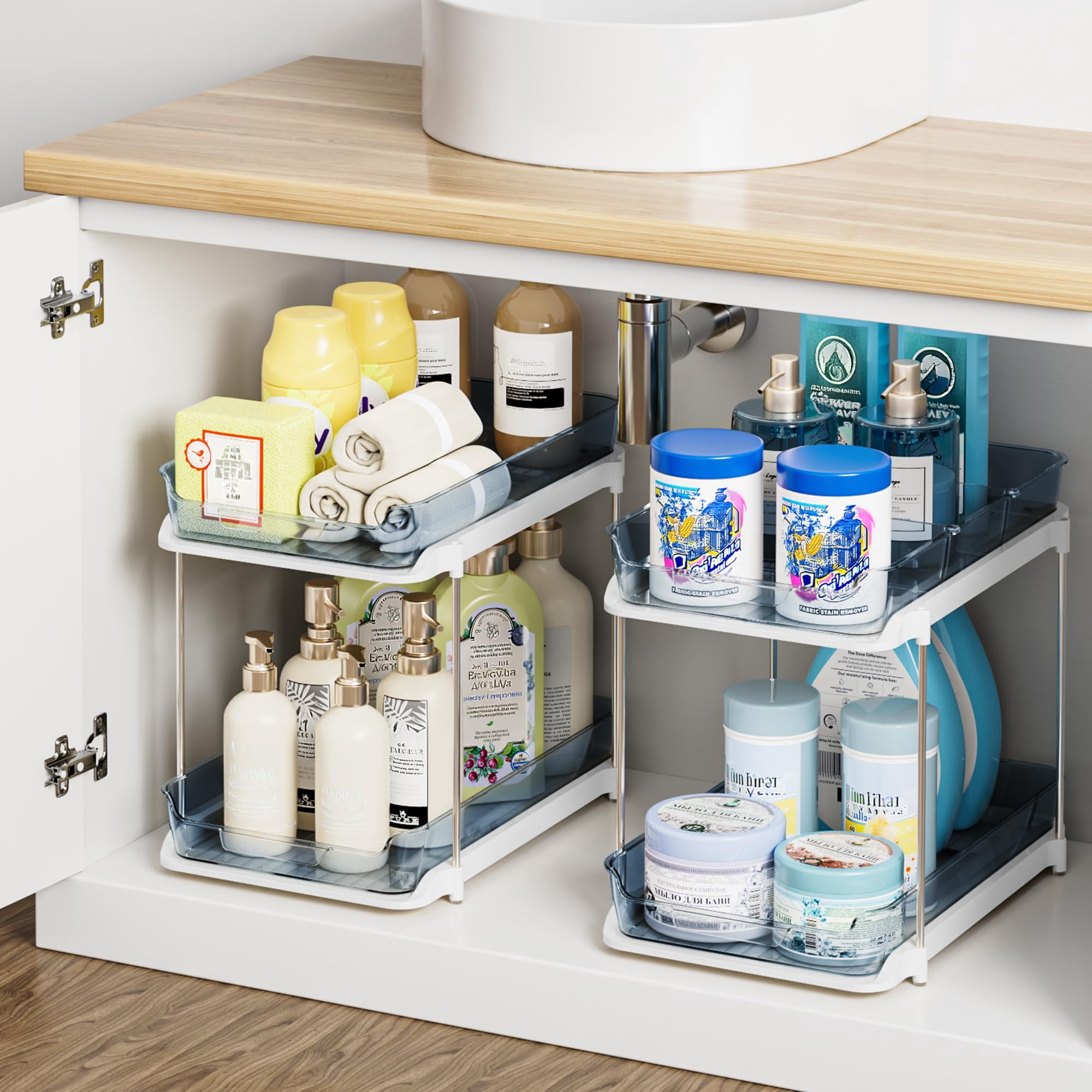 2-tier Multi-purpose Bathroom Under Sink Organizers And Storage  Stackable Kitchen Pantry Organization Pull Out Cabinet Organizer With Movable Dividers Blue 2 Pack