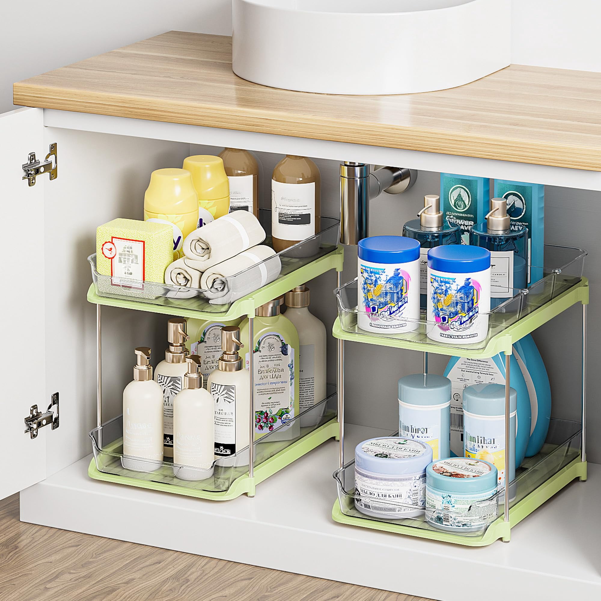 2-tier Multi-purpose Bathroom Under Sink Organizers And Storage  Stackable Kitchen Pantry Organization Pull Out Cabinet Organizer With Movable Dividers Green 2 Pack