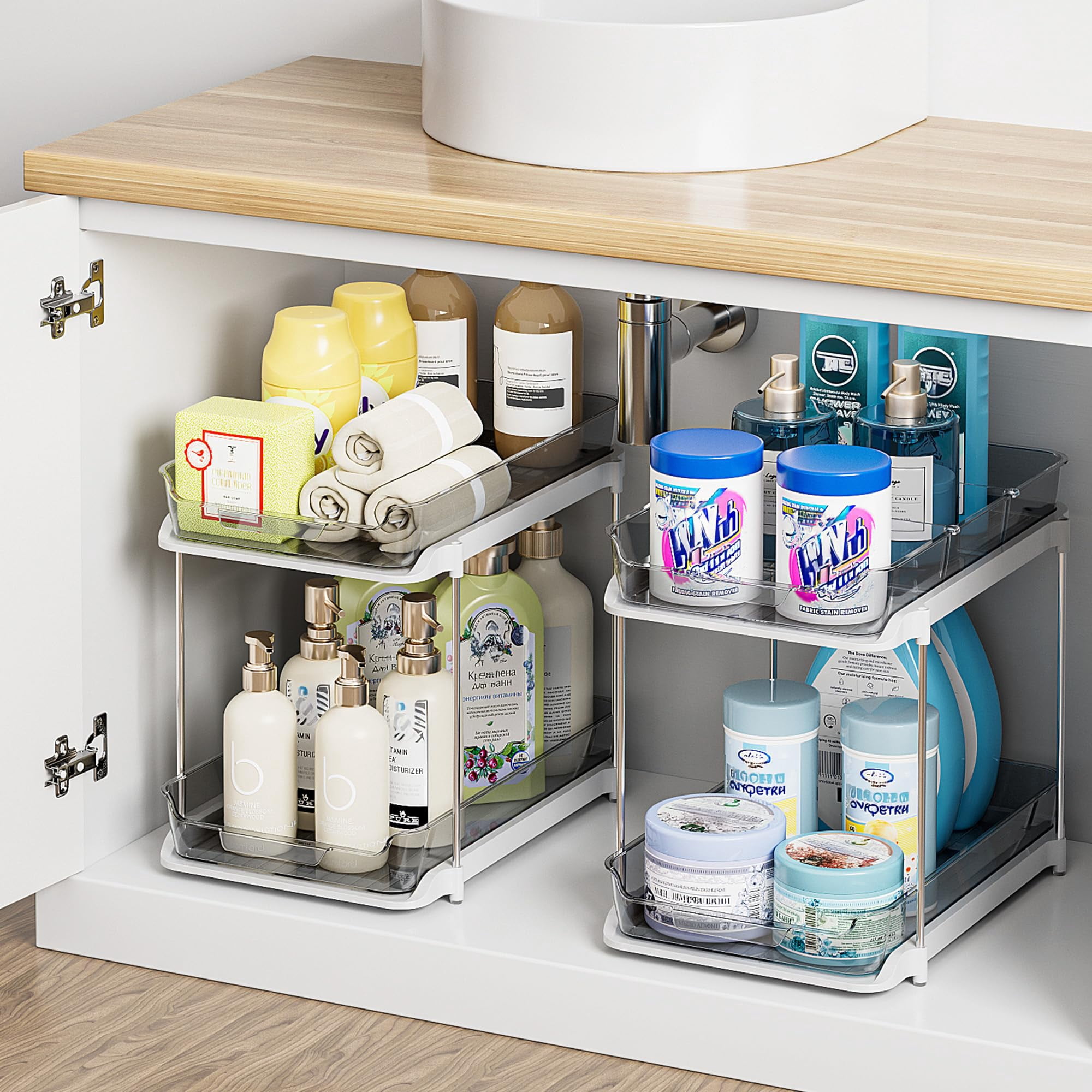 2-tier Multi-purpose Bathroom Under Sink Organizers And Storage  Stackable Kitchen Pantry Organization Pull Out Cabinet Organizer With Movable Dividers Grey 2 Pack