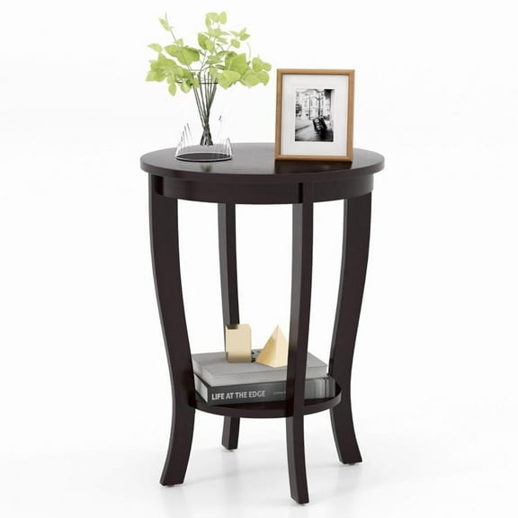 2-tier Round End Table with Solid Wood Legs