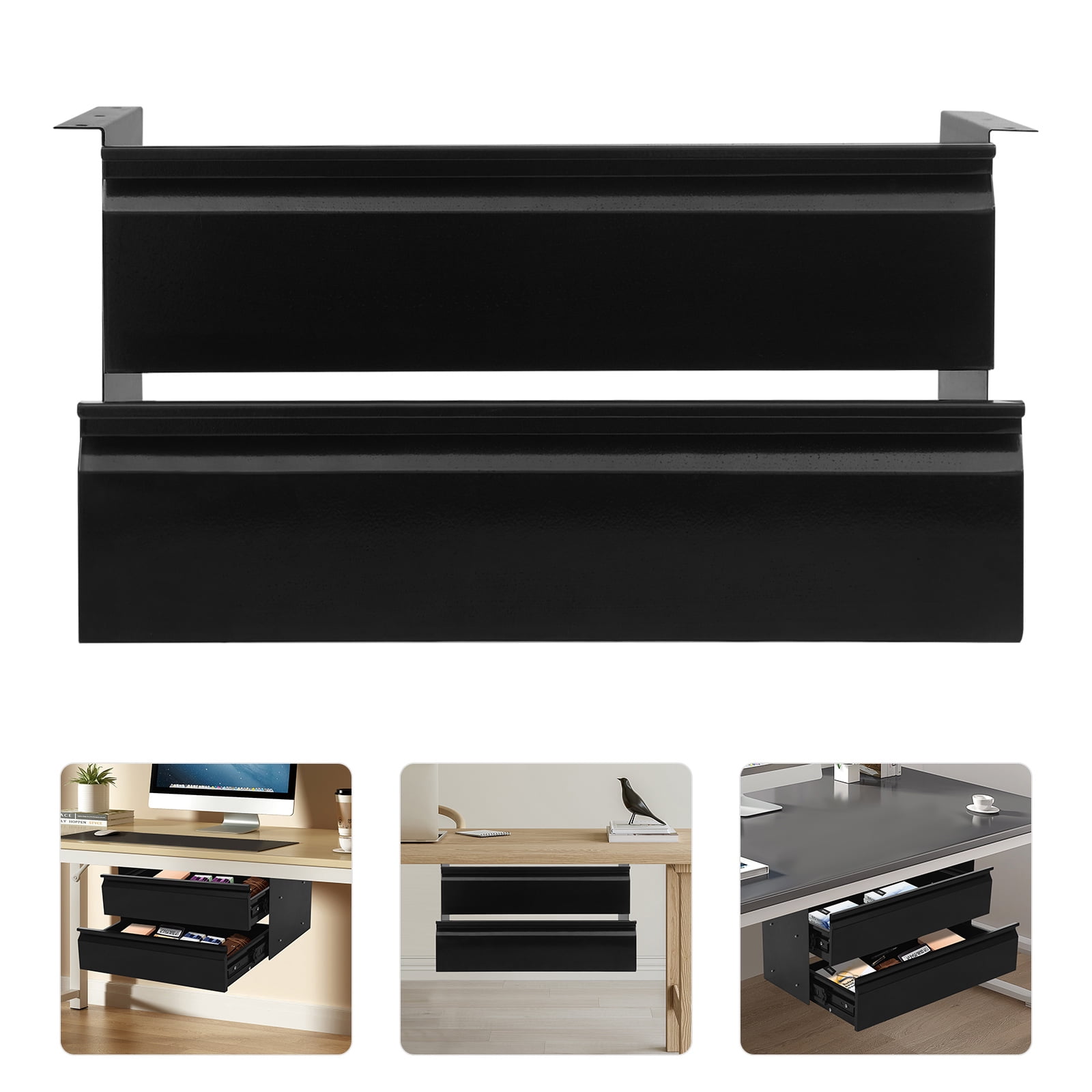 2-tier Sliding Storage Drawer, Black Steel Under Desk Pull-Out Drawer, for Office Desk & Study Stationery, Small Supplies & Desk Storage