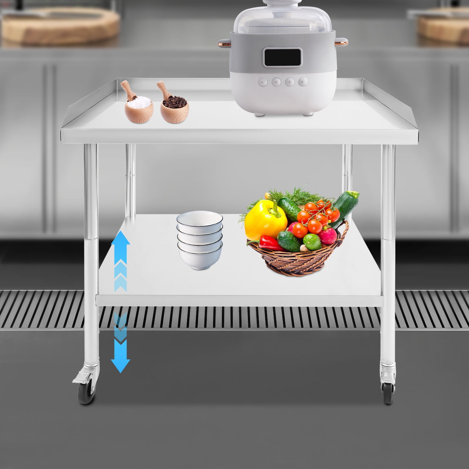 Movable Work Top 2-tier Stainless Steel Work Table, Easy Transport, 30