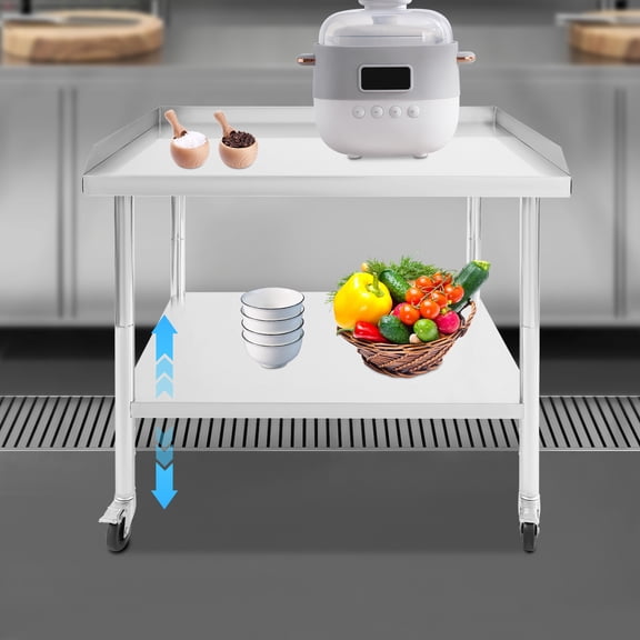 2-tier Stainless Steel Work Table, Easy Transport, 30"W X 36"D X 30"H Mobile Workbench with 2 Shelves and Wheels, Folding Hand Truck Design for Garage and Kitchen Use