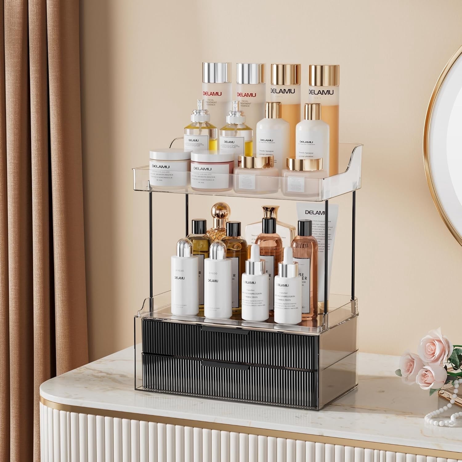 2-tier Vanity Organizer, Delamu Bathroom Countertop Organizer 2 Drawers, Multi-Purpose Makeup Organizer Countertop Cosmetics, Black