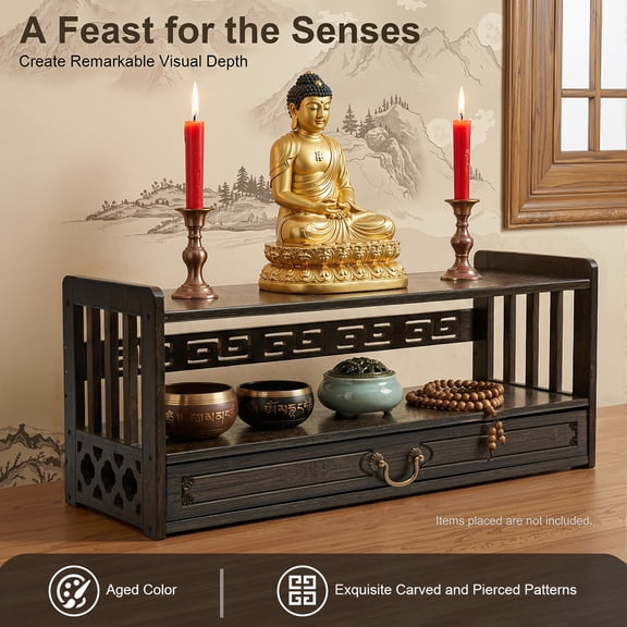 2-tier Vintage Console Table Wooden Altar Table W/Drawer Altar Meditation Storage Table Walnut Color