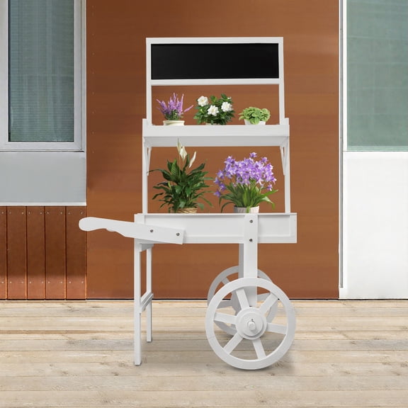 2-tier White Freestanding Rural Flower Display Stand White Flower Pots Holder Display w/ Decor Wheels