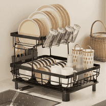 2-Tier Dish Drying Rack, Large Space-Saving Dish Rack, Drying Rack with Drainboard and Cup Holder, Suitable for Kitchen Countertops, Black