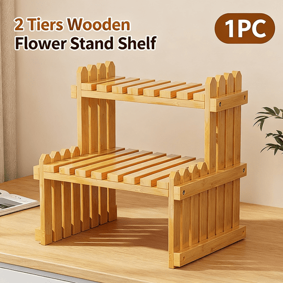2-tier storage shelf,Yellow Wooden Flower Pot Stand,Vertical Storage for Home or Office,Easy to Assemble,Space-Saving Design,Sturdy Construction for Books,Decorative Items,Plants