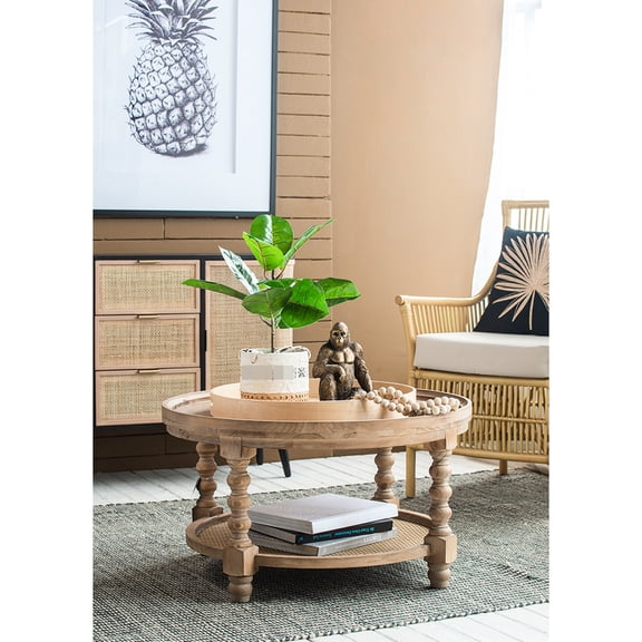 2-tiered Side Table For Living Room, Bedroom, Entryway. Brown Natural Round End Table. Fabricated With 50% Fir Wood, 30% , 20% . 29.7"x29.7"x16.5", 14.3lbs. Assembly Needed Home. Room Bedroom