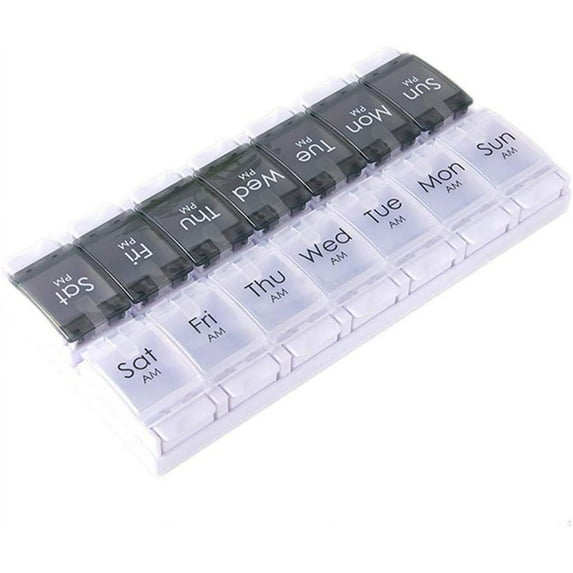 (2 times a day)Weekly pill organizer - 7 days - morning and evening - pill organizer for medicines and vitamins, press-open - Black/white