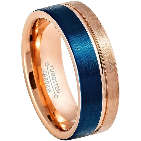 Mens Pipe Cut Tungsten Wedding Ring Blue & Rose Gold IP Plated Tungsten Carbide Anniversary Band - #987s10.5