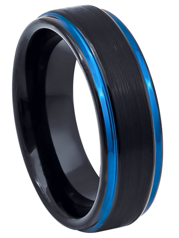 2-tone Black & Blue Tungsten Carbide Wedding Band Mens Womens Stepped Edge, 6mm, Comfort Fit Ring size 7.5