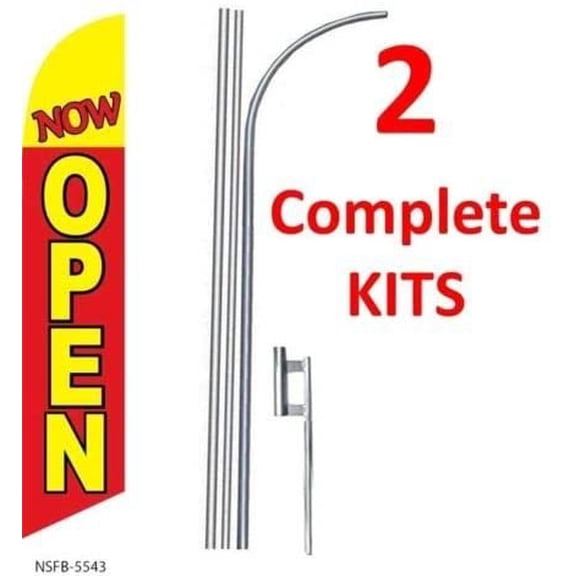 2 two NOW OPEN red/yel 15' SWOOPER #3 FEATHER FLAGS KIT with poles+spikes