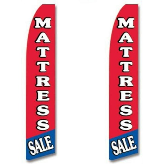 2 two Pack Tall Swooper Flags Red Blue with White Text MATTRESS SALE