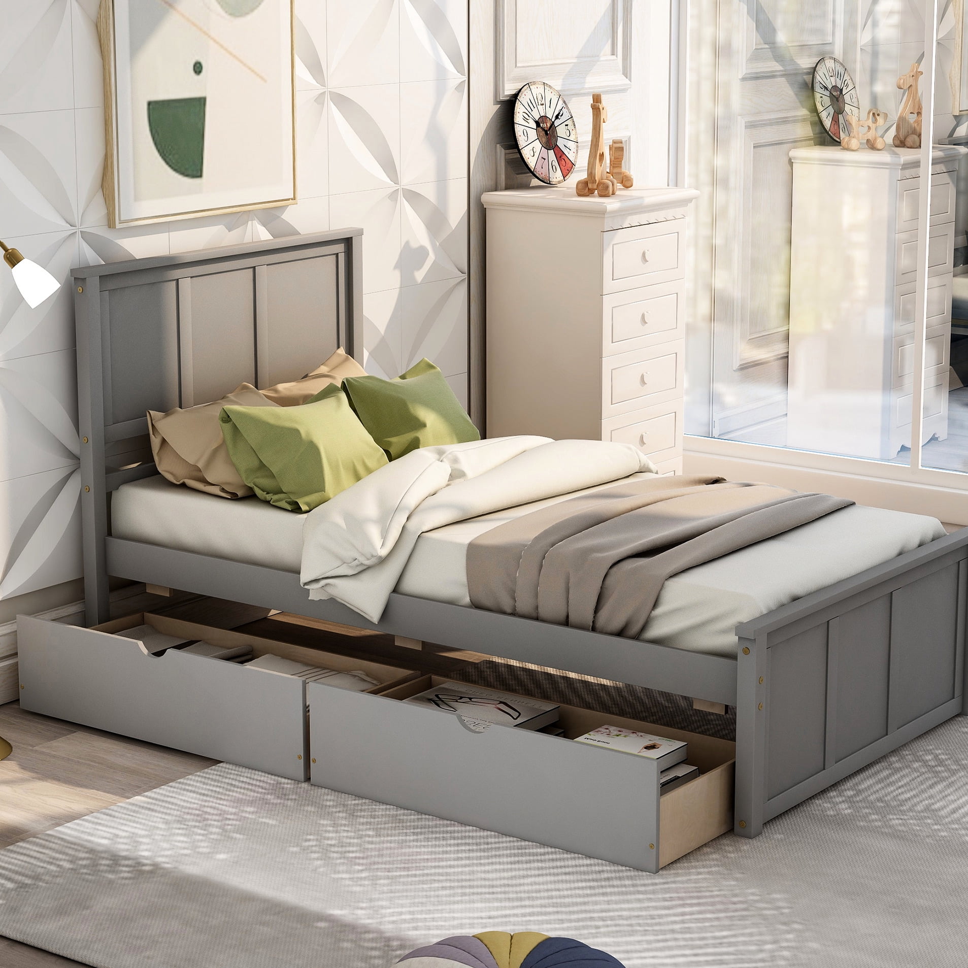 2-wheeled Drawer Twin Platform Bed In Gray, Solid Wood And Made Gray ...