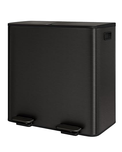 2 x 10.6 Gallon Stainless Steel Double Trash Can with Lid for Kitchen, Large Dual Trash and Recycle Bin Combo, Step-on Kitchen Metal Garbage Cans, PP Inner Buckets, Liner Rim, Matte Black