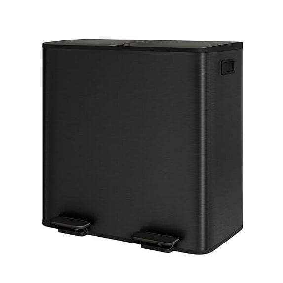 2 x 10.6 Gallon Stainless Steel Double Trash Can with Lid for Kitchen, Large Dual Trash and Recycle Bin Combo, Step-on Kitchen Metal Garbage Cans, PP Inner Buckets, Liner Rim, Matte Black