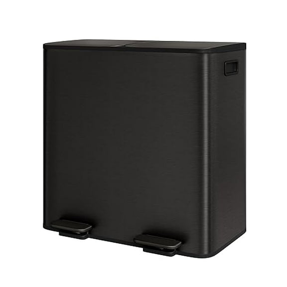 2 x 10.6 Gallon Stainless Steel Double Trash Can with Lid for Kitchen, Large Dual Trash and Recycle Bin Combo, Step-on Kitchen Metal Garbage Cans, PP Inner Buckets, Liner Rim, Matte Black