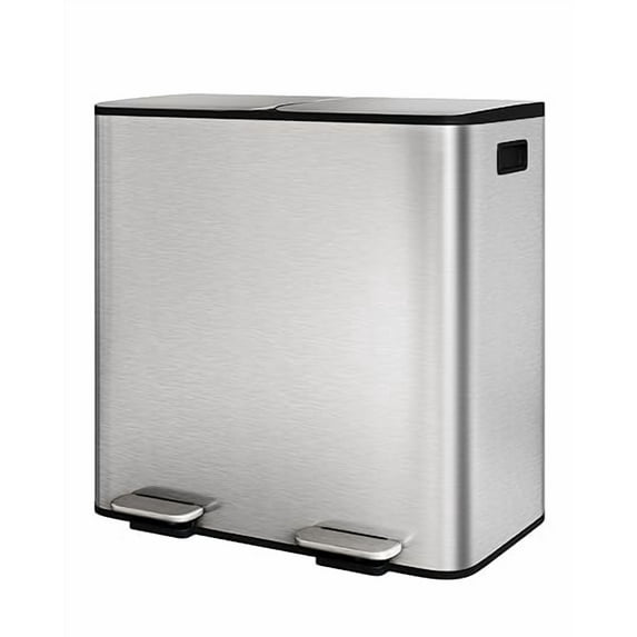 2 x 10.6 Gallon Stainless Steel Double Trash Can with Lid for Kitchen, Large Dual Trash and Recycle Bin Combo, Step-on Kitchen Metal Garbage Cans, PP Inner Buckets, Liner Rim, Matte Silver
