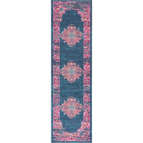 2â€™ x 10â€™ Blue and Pink Medallion Runner Rug