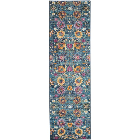 2’ x 10’ Denim Blue Florals Distressed Runner Rug