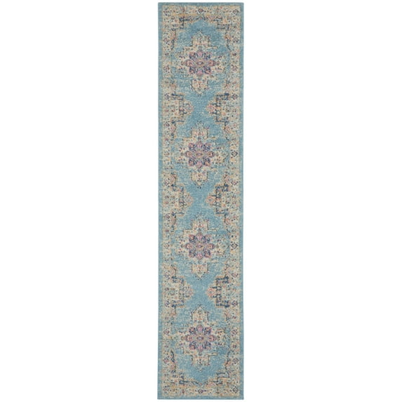 2’ x 10’ Light Blue Distressed Medallion Runner Rug