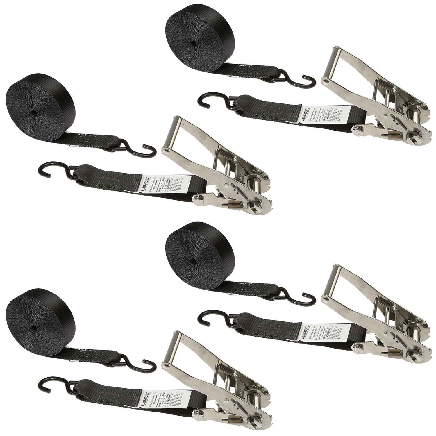 4-Pack Black Ratchet Straps - 2 Inch X 10 Foot Stainless Steel With Vinyl Coated S-Hooks