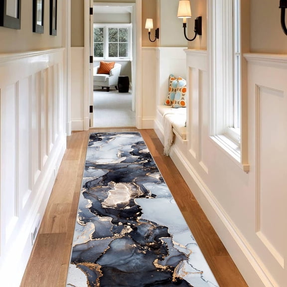 2' x 10' Washable Hallway Runner Rug, Long Ultra Soft Kitchen Runner Rug, Non-Slip Low-Pile, Luxury Marble Texture Design (Blue/Gold)