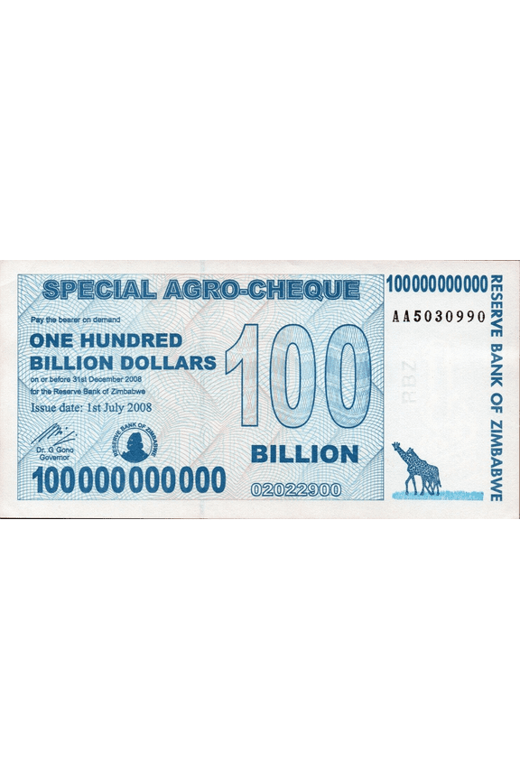 2 x 100 Billion Zimbabwe Agro Cheque 2008 Uncirculated Banknotes - Collectible AA Series Notes
