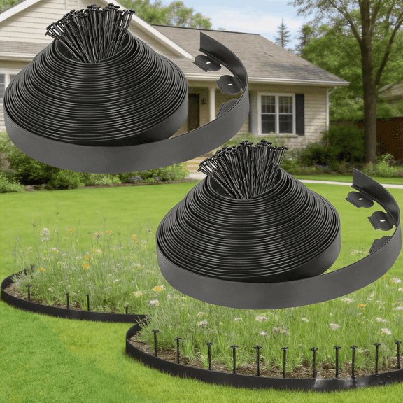 2 x 100 FT Landscape Edging Border with 150 Stakes, Plastic Flexible Tool-Free Lawn Border for Garden Flower Beds Yard Lawn Pathway Paver (Black)