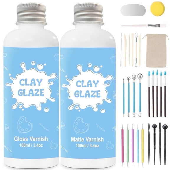 Air Dry Clay Glaze, 2 x 3.4 fl oz, 29 Piece Clay Tools Kit, Gloss & Matte Varnish, Tools for Sculpting, Molding & Carving Crafts