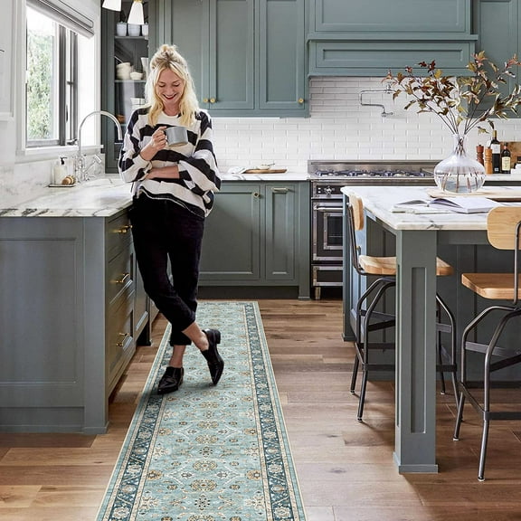 2' x 12' Runner Rug with Rubber Backing - Green, Non-Slip & Washable for Bathroom, Kitchen, Hallways