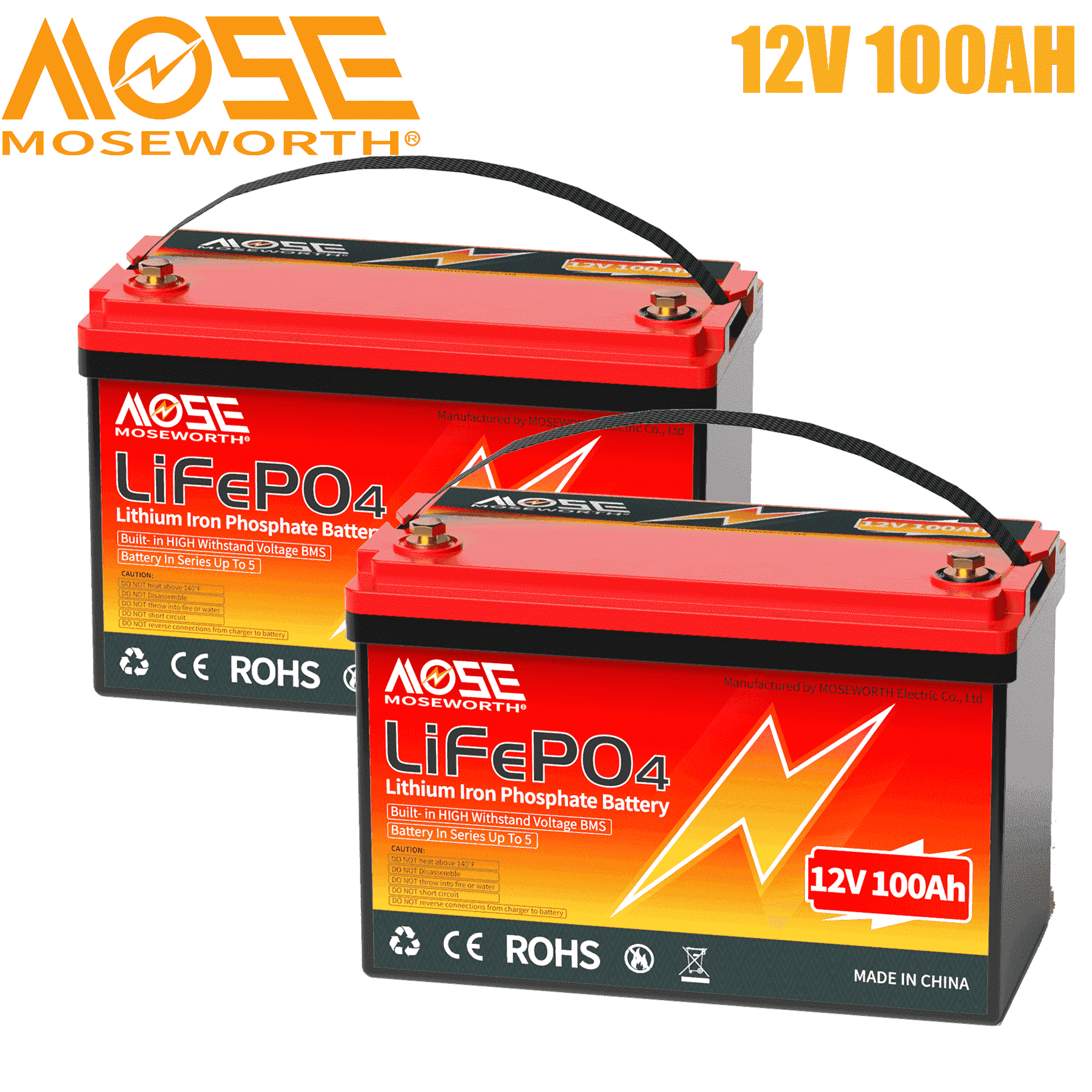 MOSEWORTH 2 x 12V 100Ah LiFePO4 Lithium Battery, 100A BMS, 15000