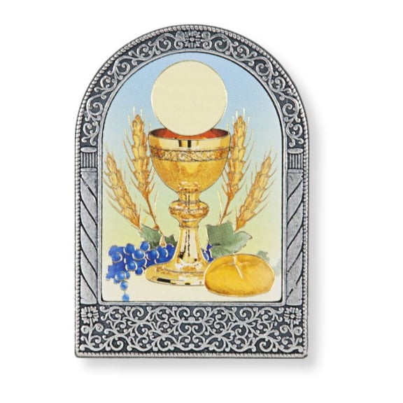 2" x 2 3/4" Antique Silver Standing Metal Arch Frame with Gold Embossed Communion Image