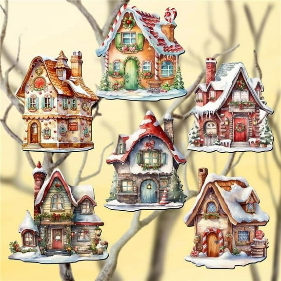 2 x 2 x 0.25 in. Christmas Houses Decorative Wooden Clip-on Ornaments Christmas Decor, Set of 6