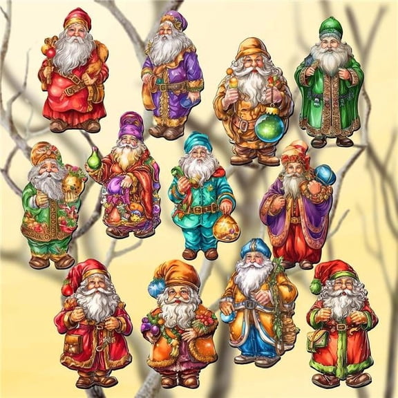 2 x 2 x 0.25 in. Colorful Santa Decorative Wooden Clip-on Ornaments Christmas Decor, Set of 12