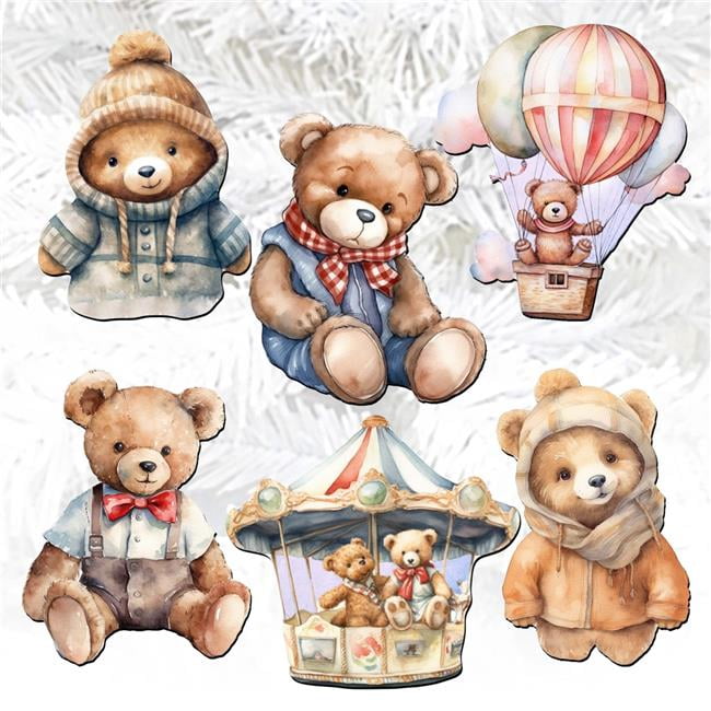 2 x 2 x 0.25 in. Teddy Bear Decorative Wooden Clipon Ornaments