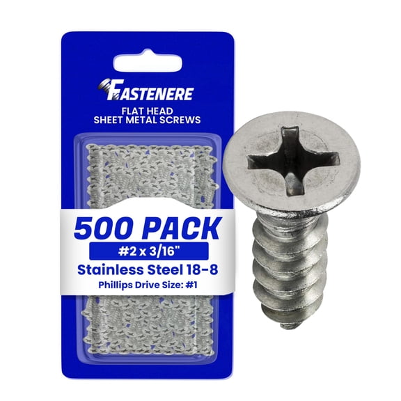 #2 x 3/16" Flat Head Sheet Metal Screws, Phillips Drive, Stainless Steel 18-8, Full Thread, Bright Finish, Self-Tapping, Quantity 500 By Fastenere