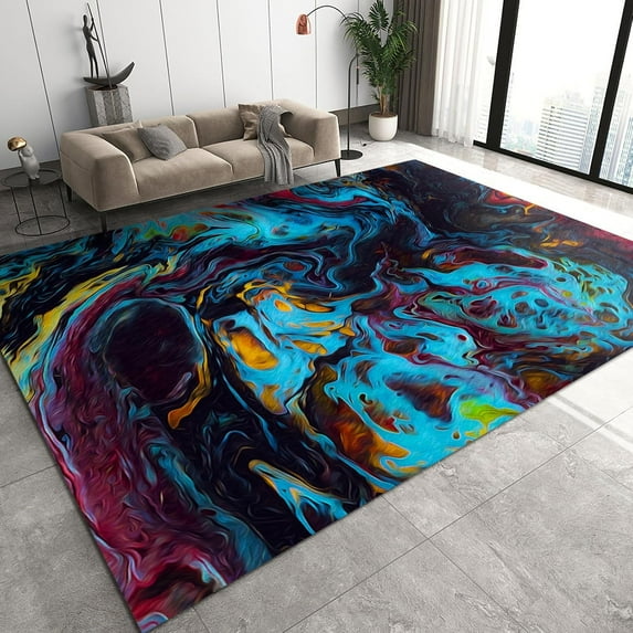 2' x 3' Blue Black Abstract Lines Pattern Rug for Living Room Bedroom, Modern Paint Style Home Indoor Area Rug, Non Slip Noise Reduction Carpet for Front Entrance Floor Decor