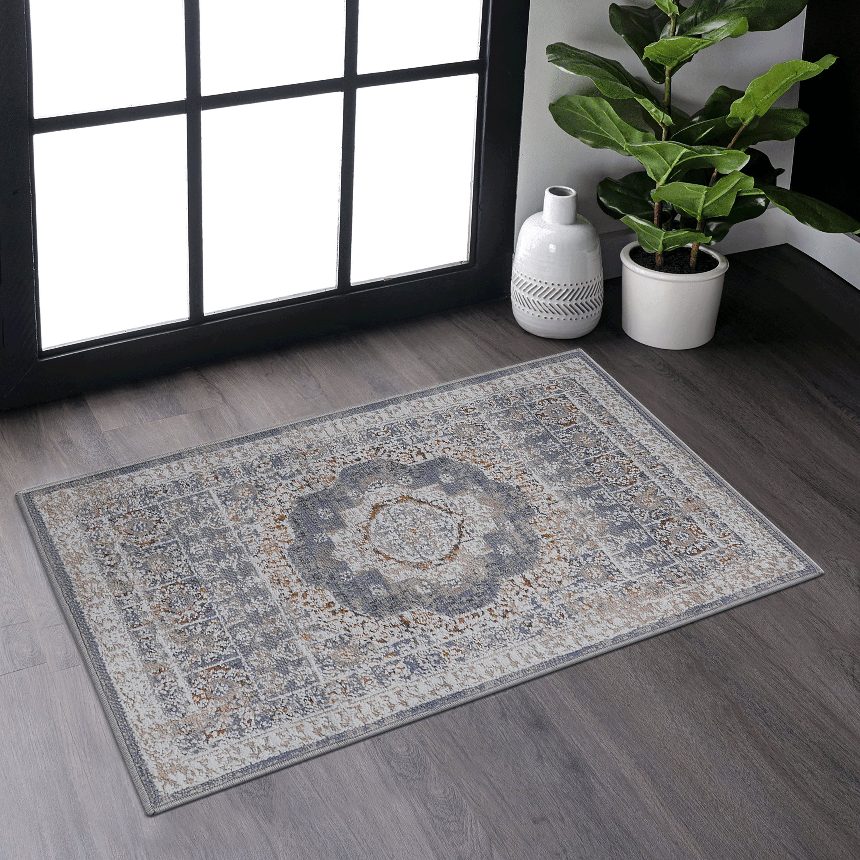 2' x 3' Blue Ivory Medallion Area Rug Non-Shedding Stain Resistant Medium Pile Carpet for Living Room Bedroom Dining Room Home Office Entryway