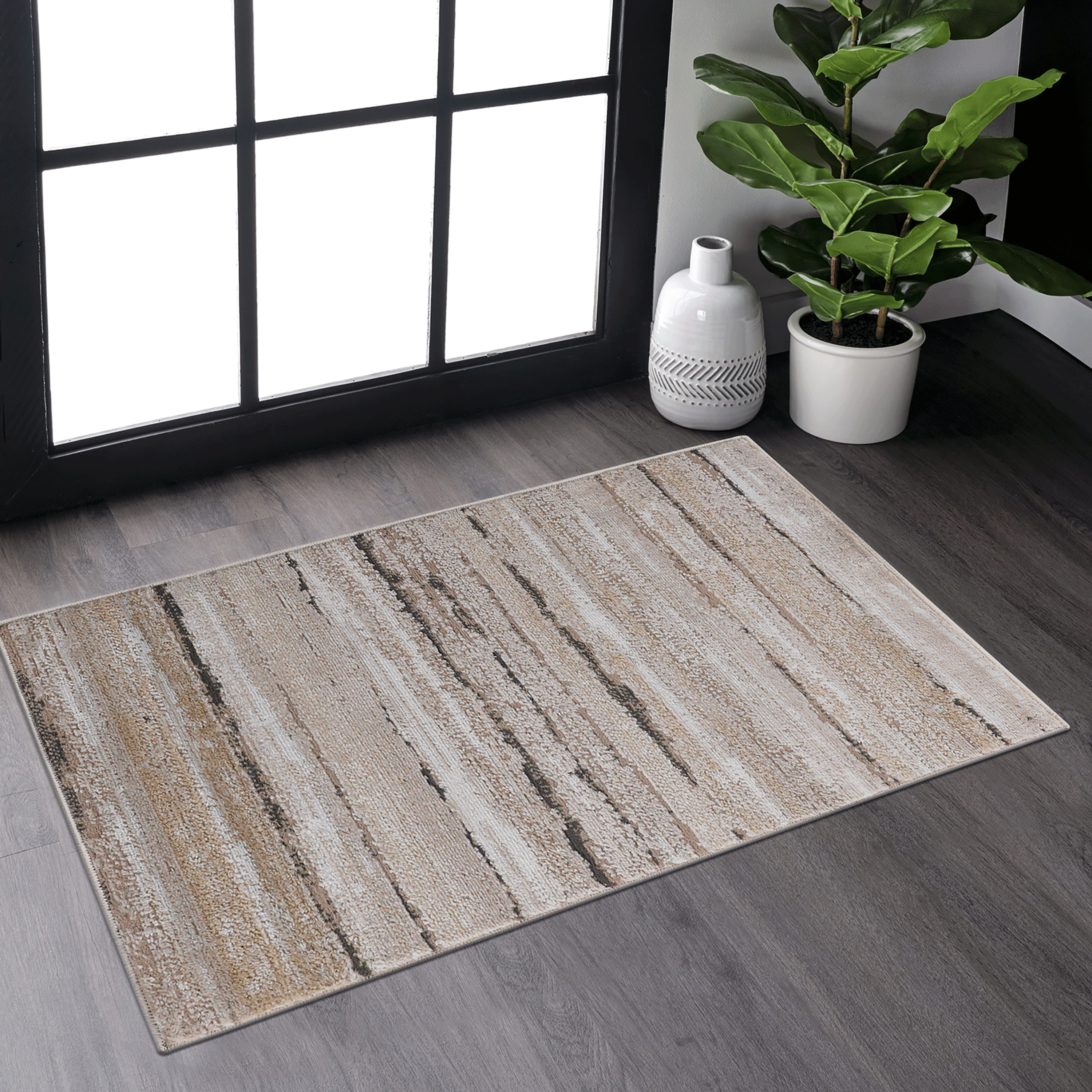 2' x 3' Brown Striped Area Rug Non-Shedding Stain Resistant Medium Pile Carpet for Living Room Bedroom Dining Room Home Office Entryway