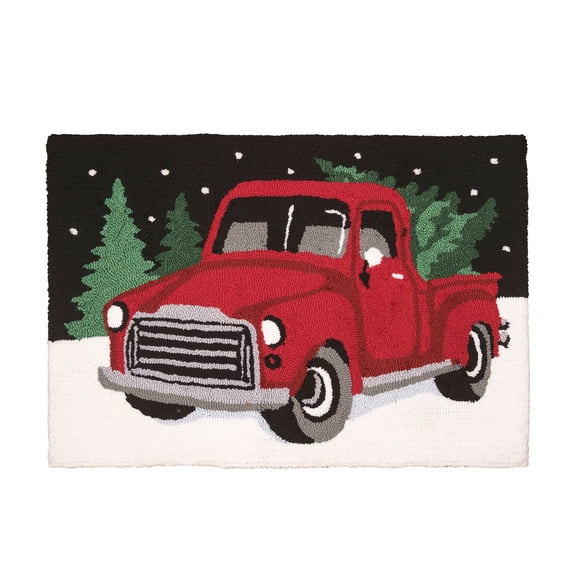 2' x 3' Red Pickup Truck in Winter Forest Hooked Acrylic Indoor Accent Rug