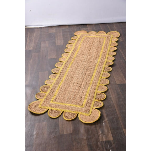 2 x 3 Feet ( 60 cm x 90 cm ) Natural Jute with Yellow Scalloped Area Rugs , Home Decor Rugs