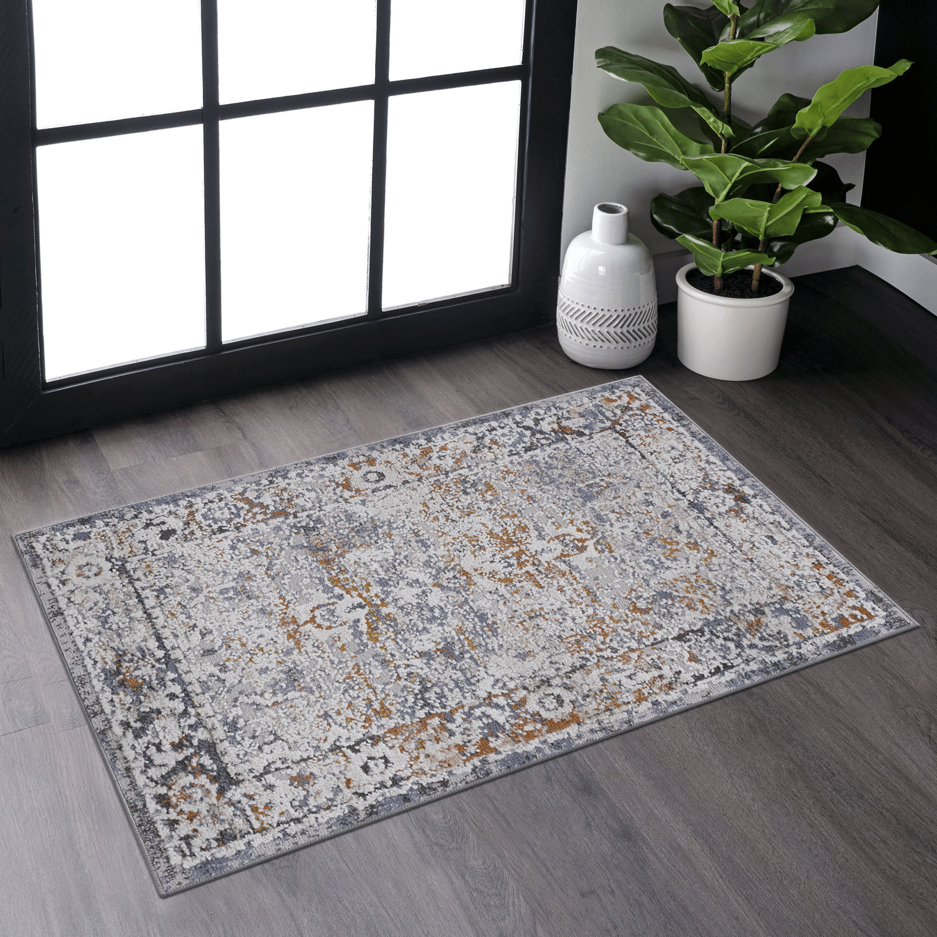 2' x 3' Ivory Grey Traditional Area Rug Non-Shedding Stain Resistant Medium Pile Carpet for Living Room Bedroom Dining Room Home Office Entryway