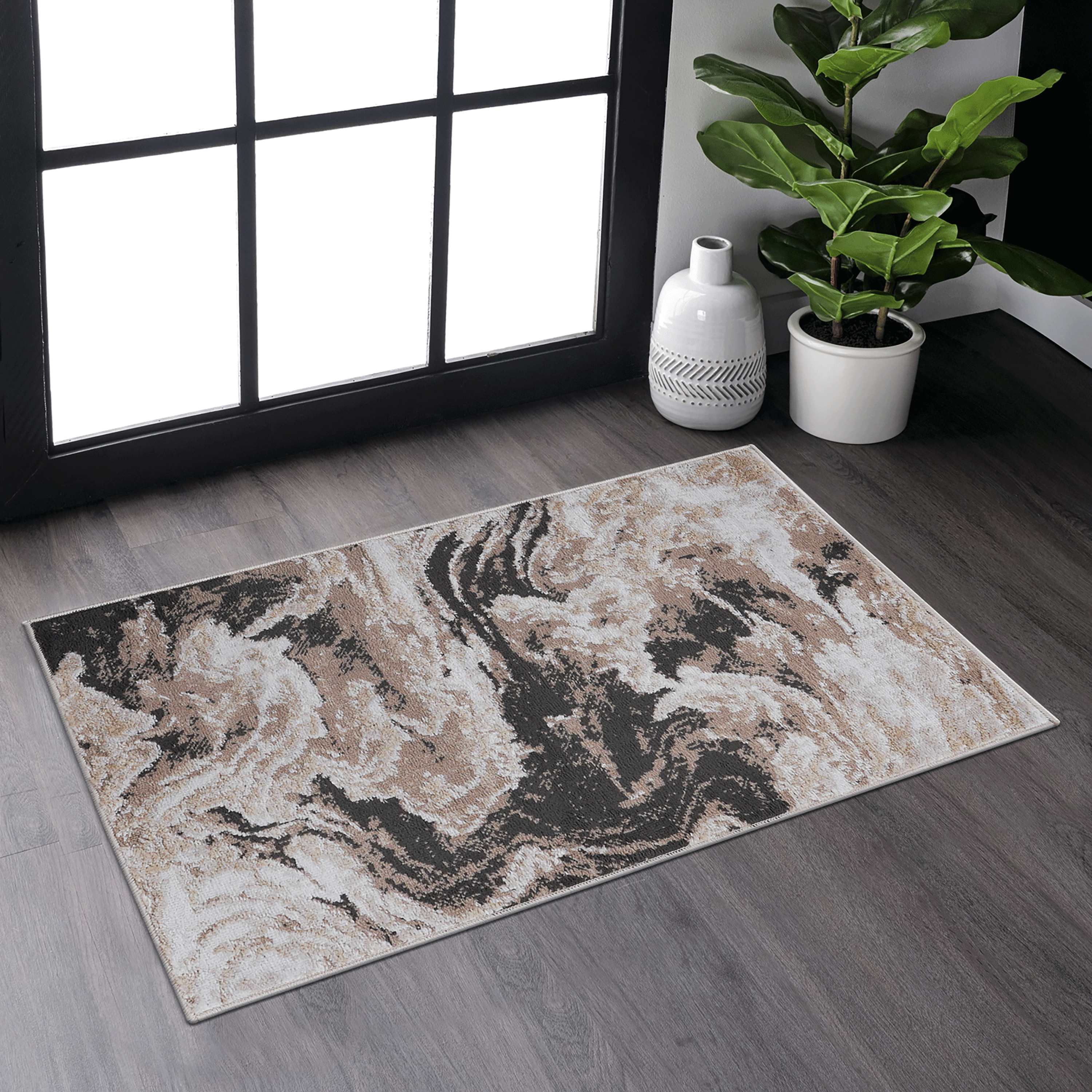 2' x 3' Light Brown Abstract Area Rug Non-Shedding Stain Resistant Medium Pile Carpet for Living Room Bedroom Dining Room Home Office Entryway
