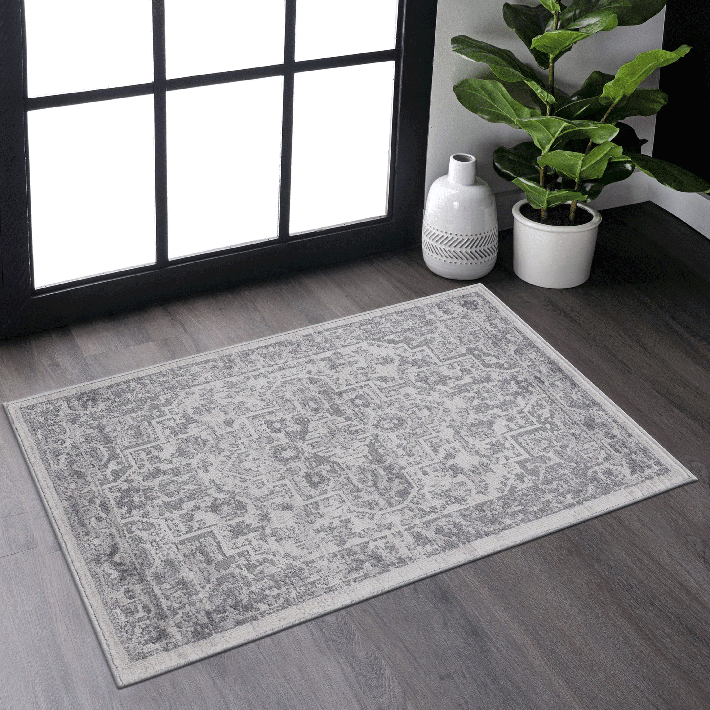 2' x 3' Silver Oriental Area Rug Non-Shedding Stain Resistant Medium Pile Carpet for Living Room Bedroom Dining Room Home Office Entryway