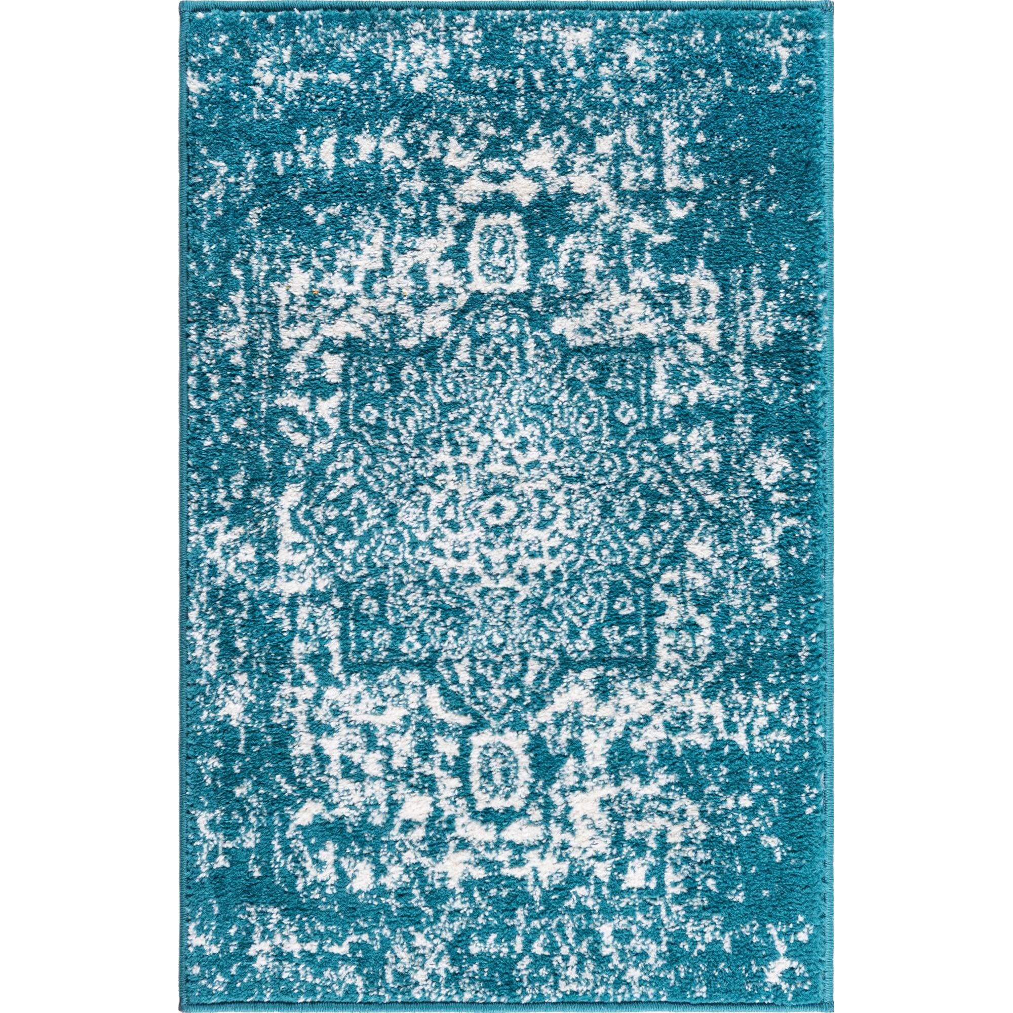 2' x 3' Turquoise Blue and Ivory Traditional Rectangular Area Throw Rug