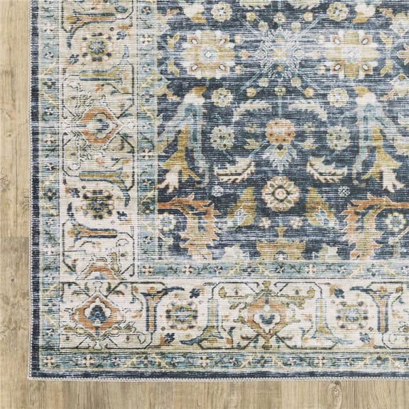 2 x 3 ft. Blue Gold Rust Ivory & Olive Oriental Printed Stain Resistant Non Skid Rectangle Area Rug