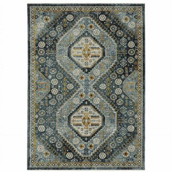 2 x 3 ft. Light Blue Navy Gold Ivory & Gray Oriental Power Loom Stain Resistant Rectangle Area Rug with Fringe