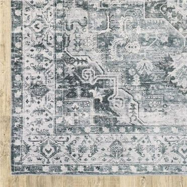 2 x 3 ft. Navy Blue Ivory & Gray Oriental Printed Stain Resistant Non Skid Rectangle Area Rug